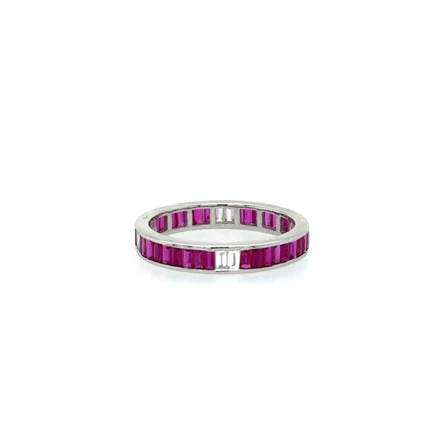 14KT WHITE GOLD RING WITH BAGUETTE RUBY AND DIAMONDS