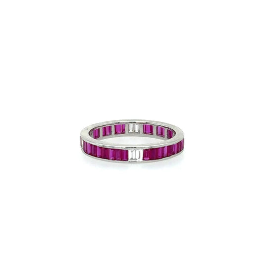 14KT WHITE GOLD RING WITH BAGUETTE RUBY AND DIAMONDS