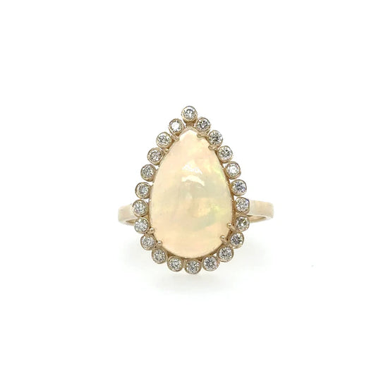 YELLOW GOLD PEAR SHAPE OPAL RING WITH DIAMONDS