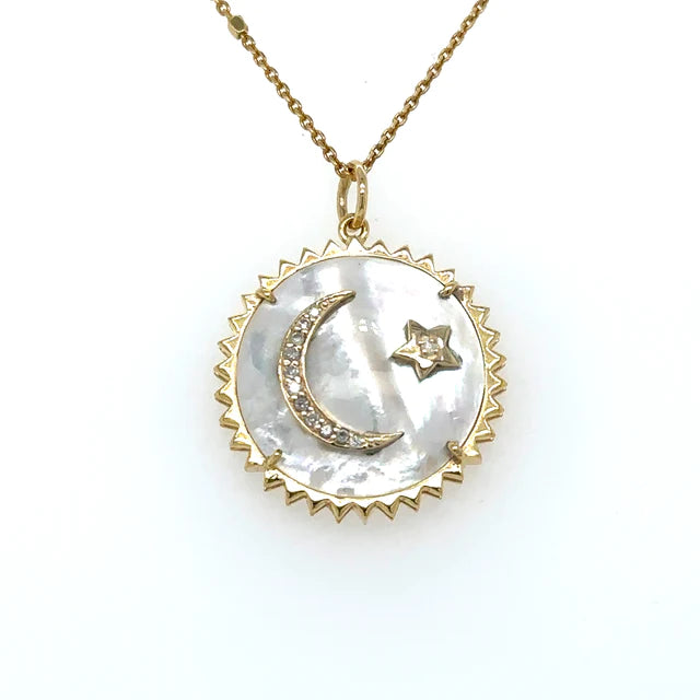 14KT YELLOW GOLD MOTHER OF PEARL MOONSTAR PENDENT WITH DIAMONDS