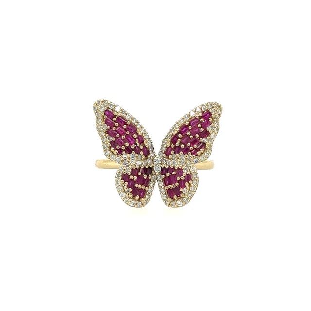 YELLOW GOLD BUTTERFLY RING WITH RUBY AND DIAMONDS