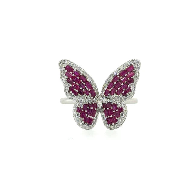 WHITE GOLD BUTTERFLY RING WITH RUBY AND DIAMONDS