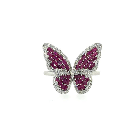 WHITE GOLD BUTTERFLY RING WITH RUBY AND DIAMONDS