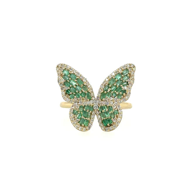 YELLOW GOLD BUTTERFLY RING WITH EMERALD AND DIAMONDS