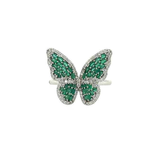 WHITE GOLD BUTTERFLY RING WITH EMERALD AND DIAMONDS