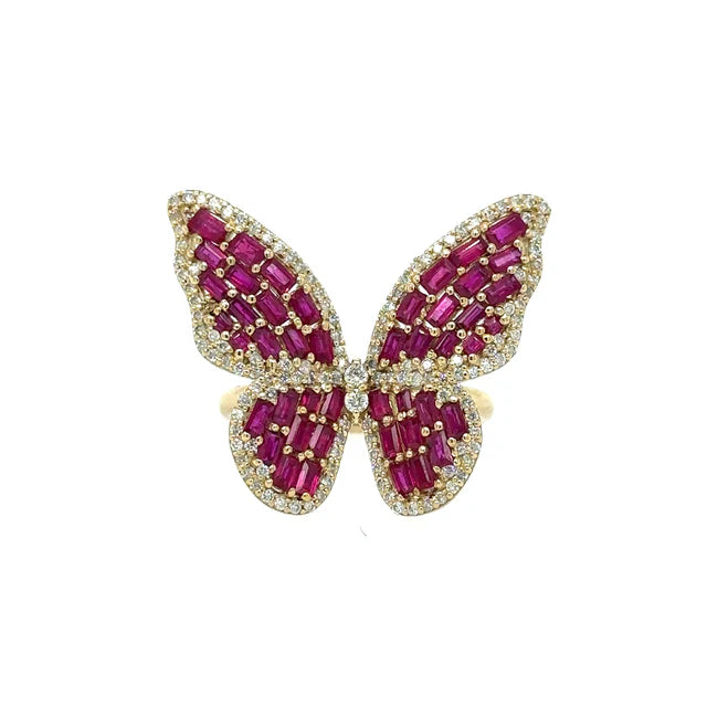 YELLOW GOLD BUTTERFLY RING WITH RUBY AND DIAMONDS