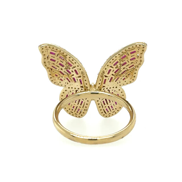 YELLOW GOLD BUTTERFLY RING WITH RUBY AND DIAMONDS