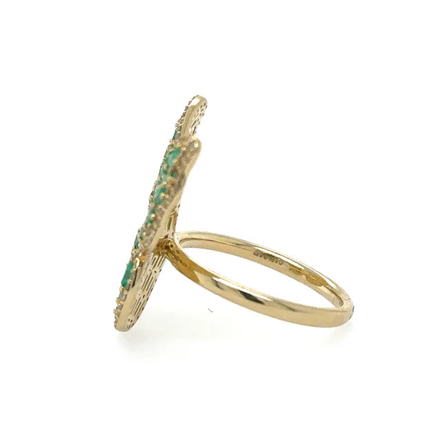 YELLOW GOLD BUTTERFLY RING WITH EMERALD AND DIAMONDS