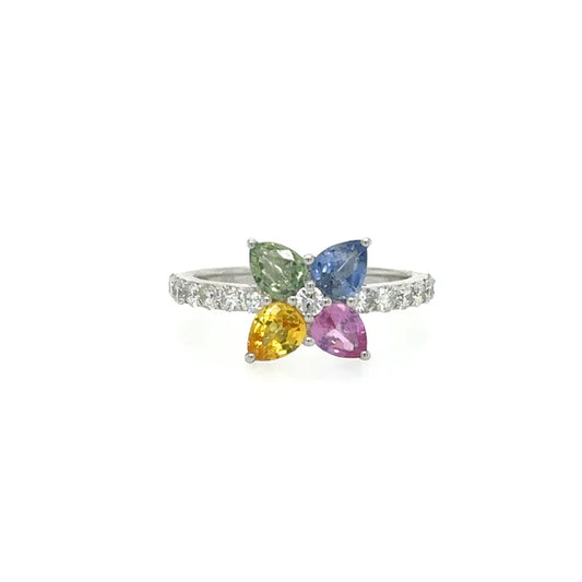 WHITE GOLD MULTI SAPPHIRE RING WITH DIAMONDS