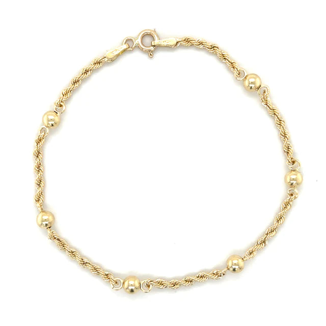 YELLOW GOLD ROPE CHAIN WITH BALL 7" BRACELET