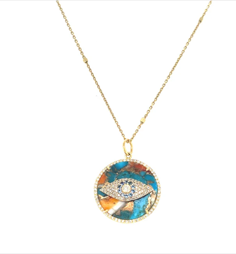 14KT YELLOW GOLD OYSTER TURQUOISE AND SAPPHIRE WITH DIAMONDS PENDANT