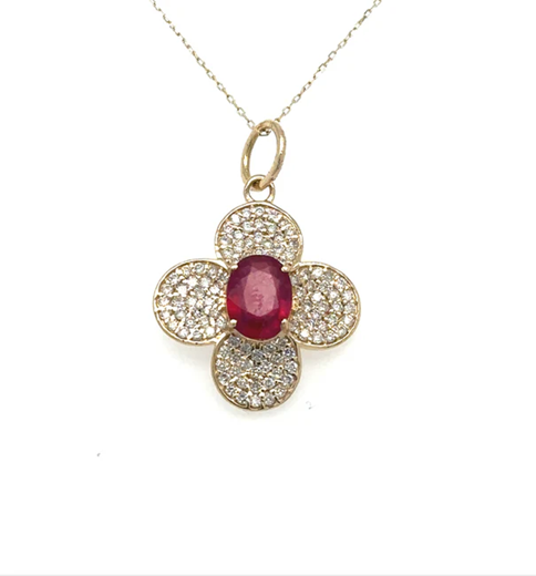 14KT FLOWER PENDANT WITH RUBY AND DIAMONDS