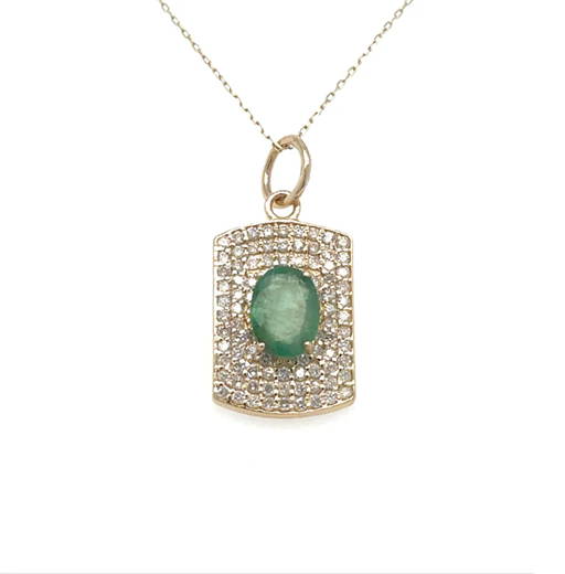 14KT YELLOW GOLD DOGTAG PENDANT WITH EMERALD AND DIAMONDS