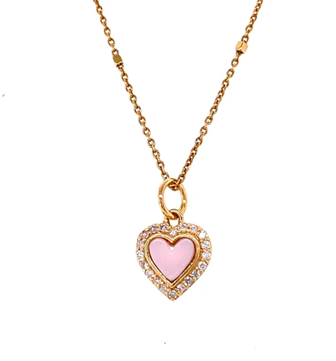 14KT YELLOW GOLD PINK OPAL HEART PENDANT WITH DIAMONDS