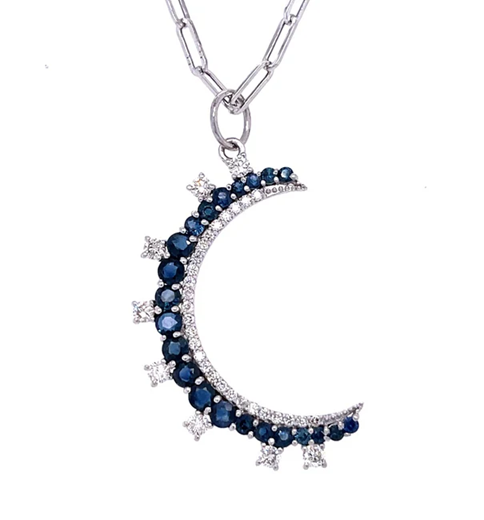 14KT WHITE GOLD BLUE SAPPHIRE MOON PENDANT WITH DIAMONDS