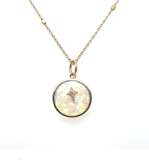 14KT YELLOW GOLD ROUND OPAL PENDANT WITH DIAMONDS