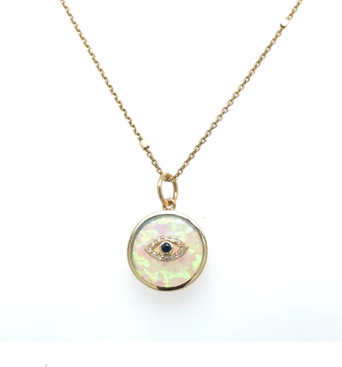 14KT YELLOW GOLD ROUND OPAL EVIL EYE PENDANT WITH DIAMONDS