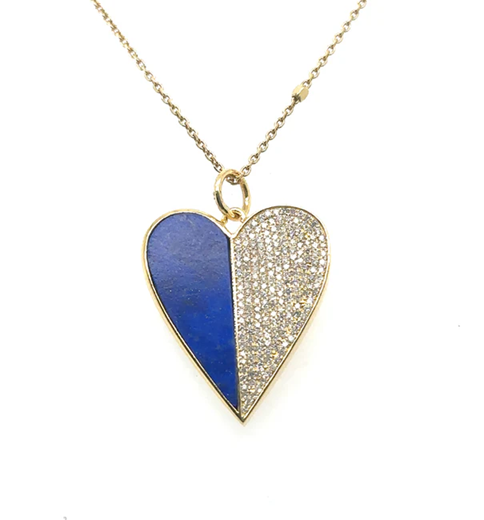 14KT YELLOW GOLD LAPIS HEART PENDANT WITH DIAMONDS