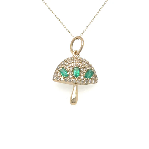 14KT YELLOW GOLD MUSHROOM PENDANT WITH EMERALD AND DIAMONDS