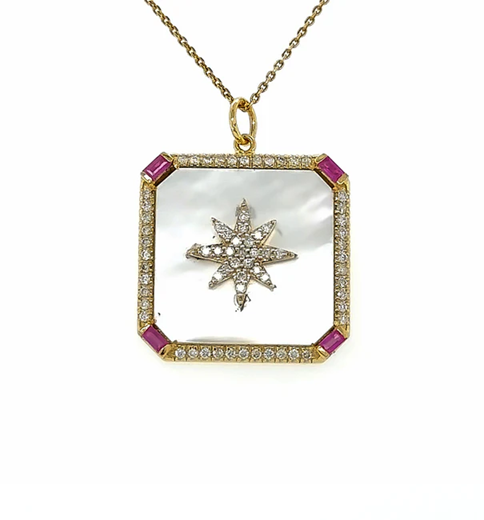 14KT YELLOW GOLD MOTHER OF PEARL PENDANT WITH RUBY AND DIAMONDS