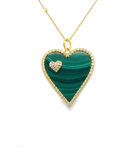14KT YELLOW GOLD MALACHITE HEART PENDANT WITH DIAMONDS