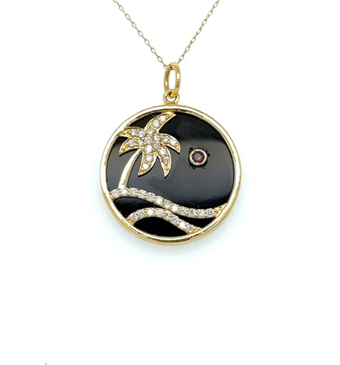 14KT YELLOW GOLD BLACK ONYX PALM TREE PENDANT WITH DIAMONDS