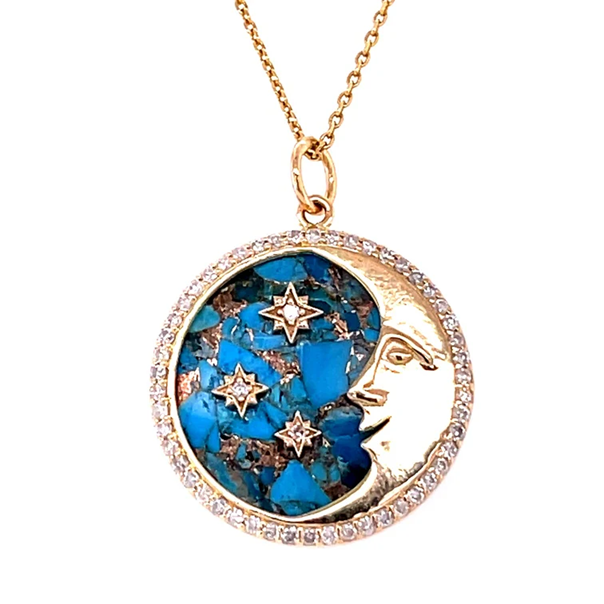 14KT YELLOW GOLD MOHAVE TURQUOISE STAR MOON PENDANT WITH DIAMONDS