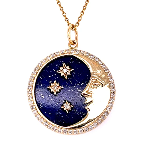 14KT YELLOW GOLD LAPIS STAR MOON PENDANT WITH DIAMONDS