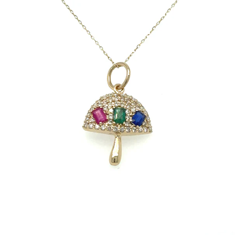 14KT YELLOW GOLD MUSHROOM PENDANT WITH MULTI SAPPHIRE AND DIAMONDS