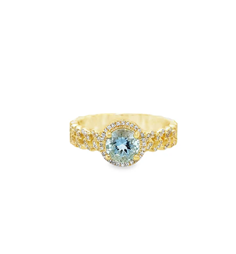 14KT YELLOW GOLD AQUAMARINE AND DIAMONDS RING