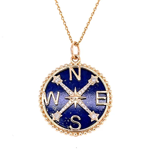 14KT YELLOW GOLD LAPIS COMPASS PENDANT WITH DIAMONDS