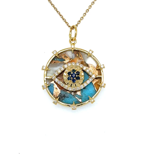 14KT YELLOW GOLD OYSTER EVIL EYE PENDANT WITH BLUE SAPPHIRE AND DIAMONDS