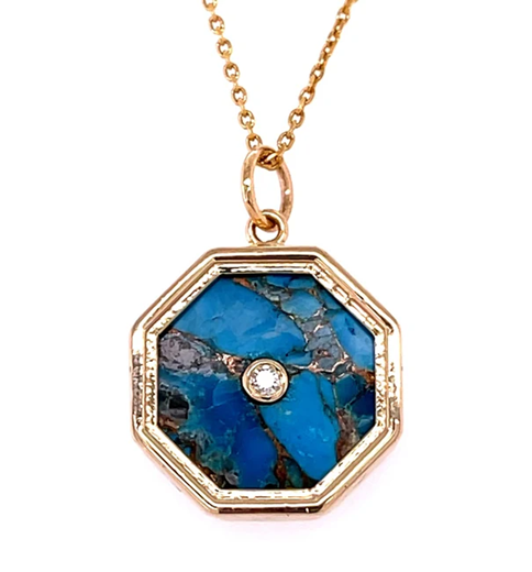 14KT YELLOW GOLD MOHAVE TURQUOISE PENDANT WITH DIAMONDS