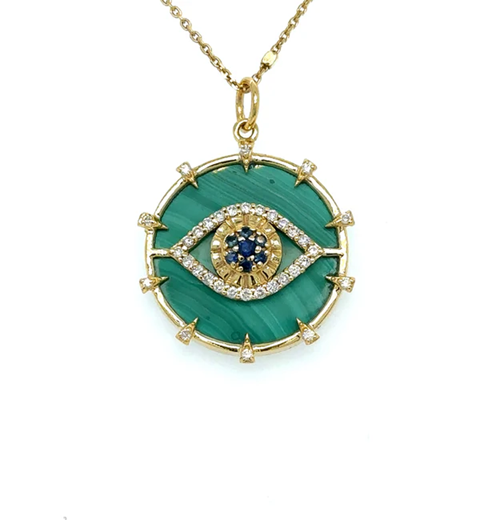 14KT YELLOW GOLD MALACHITE EVIL EYE PENDANT WITH BLUE SAPPHIRE AND DIAMONDS