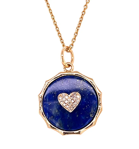 14KT YELLOW GOLD LAPIS HEART PENDANT WITH DIAMONDS