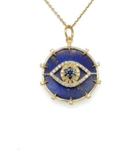 14KT YELLOW GOLD LAPIS EVIL EYE PENDANT WITH BLUE SAPPHIRE AND DIAMONDS