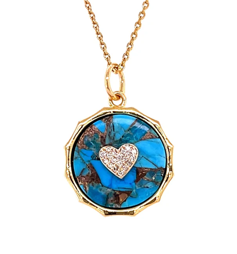 14KT YELLOW GOLD MOHAVE TURQUOISE HEART PENDANT WITH DIAMONDS
