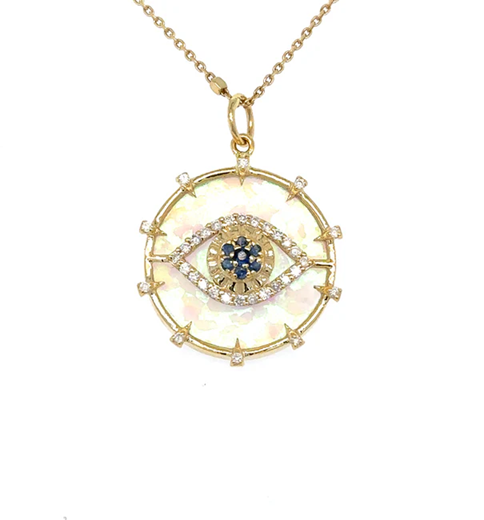 14KT YELLOW GOLD OPAL EVIL EYE PENDANT WITH BLUE SAPPHIRE AND DIAMONDS