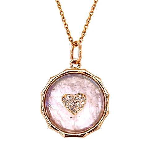 14KT YELLOW GOLD RAINBOW MOONSTONE HEART PENDANT WITH DIAMONDS