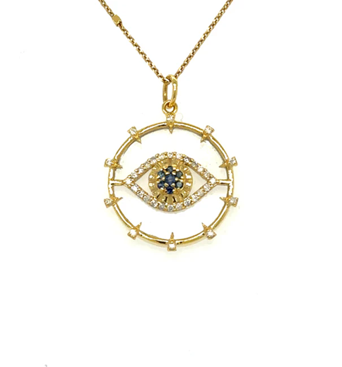 14KT YELLOW GOLD CLEAR QUARTZ EVIL EYE PENDANT WITH BLUE SAPPHIRE AND DIAMONDS