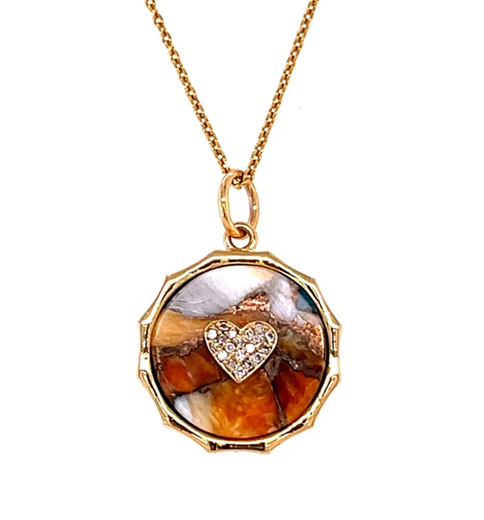 14KT YELLOW GOLD OYSTER TURQUOISE HEART PENDANT WITH DIAMONDS