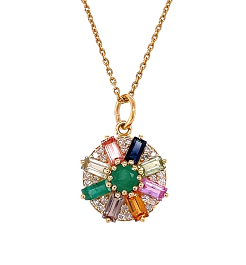 14KT YELLOW GOLD EMERALD MULTI SAPPHIRE FLOWER PENDANT WITH DIAMONDS