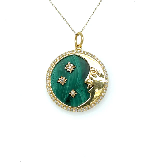 14KT YELLOW GOLD STAR MOON MALACHITE PENDANT WITH DIAMONDS
