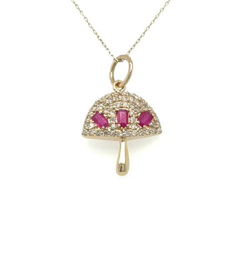 14KT YELLOW GOLD MUSHROOM PENDANT WITH RUBY AND DIAMONDS