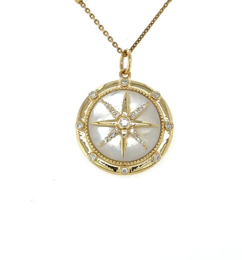 14KT YELLOW GOLD MOTHER OF PEARL COMPASS PENDANT WITH DIAMONDS