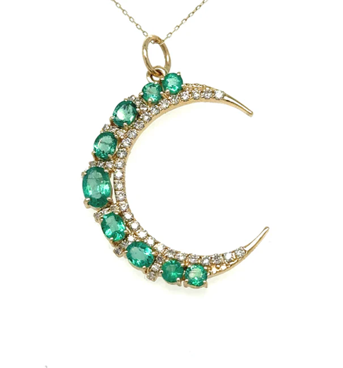 14KT HALF MOON PENDANT WITH EMERALD AND DIAMONDS