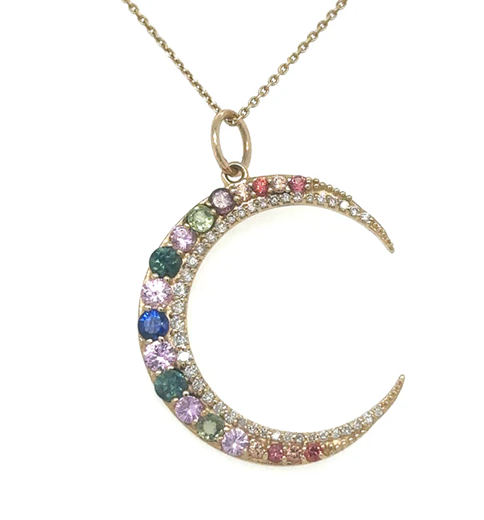 14KT HALF MOON PENDANT WITH MULTI SAPPHIRE AND DIAMONDS
