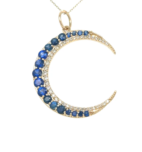 14KT HALF MOON PENDANT WITH SAPPHIRE AND DIAMONDS