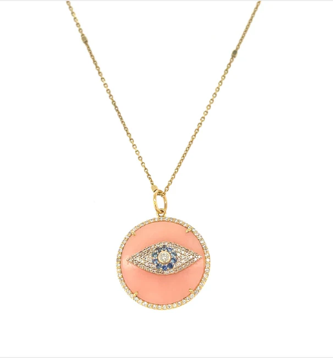 14KT YELLOW GOLD PINK OPAL EVIL EYE PENDANT WITH DIAMONDS