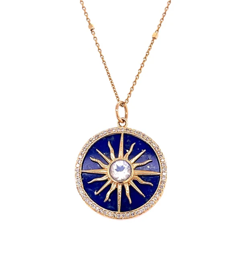 14KT YELLOW GOLD LAPIS AND RAINBOW MOON STONE WITH DIAMONDS PENDANT
